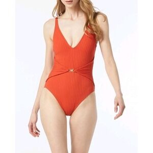 Michael Michael Kors Ribbed V-neck One Piece Swimsuit In Terracotta Size 6